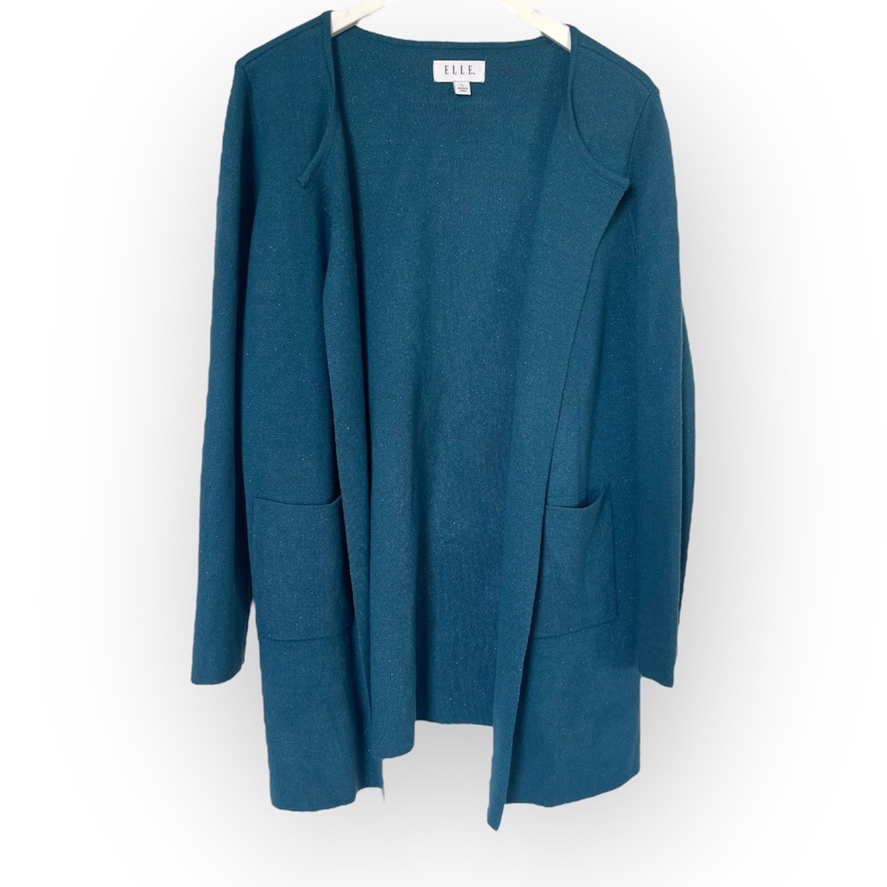Elle collarless open cardigan mid-length front pockets metallic jewel tone green